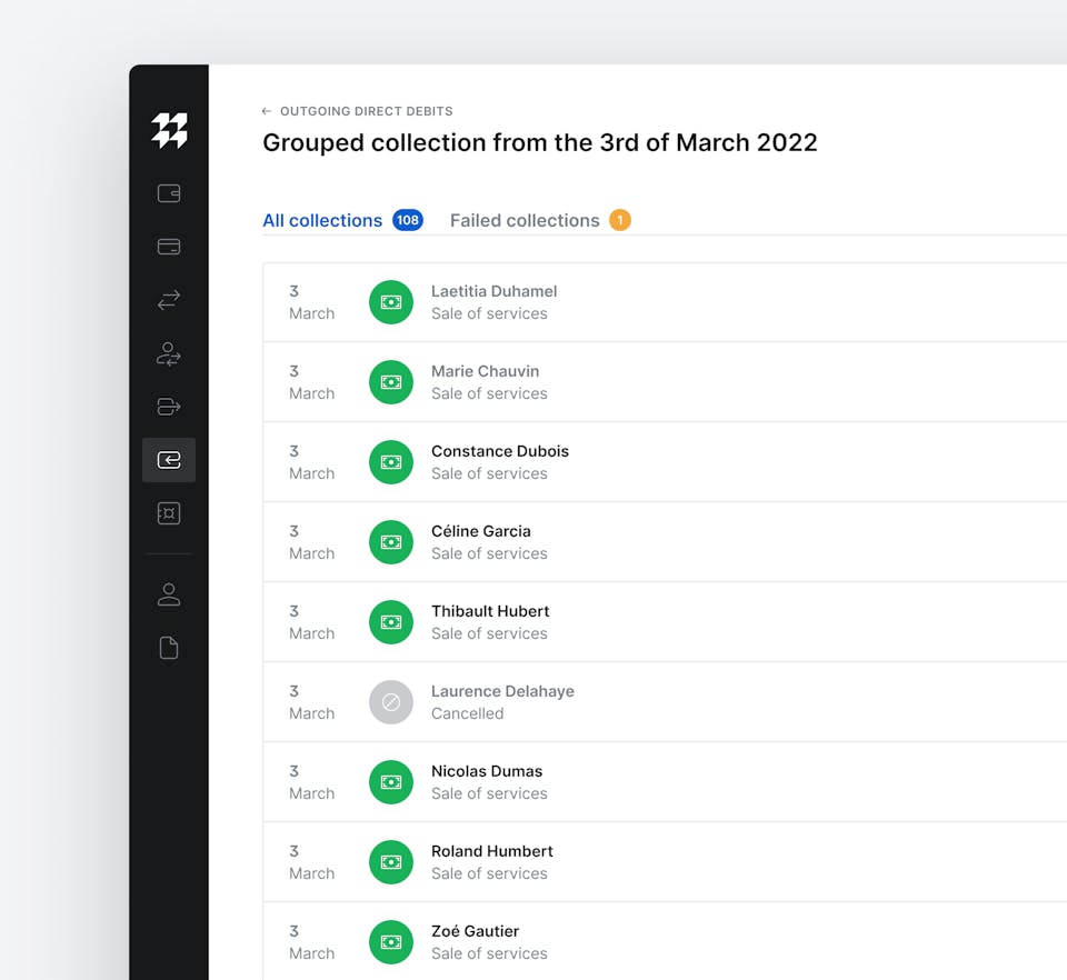Interface listing direct debits payments that just took place.